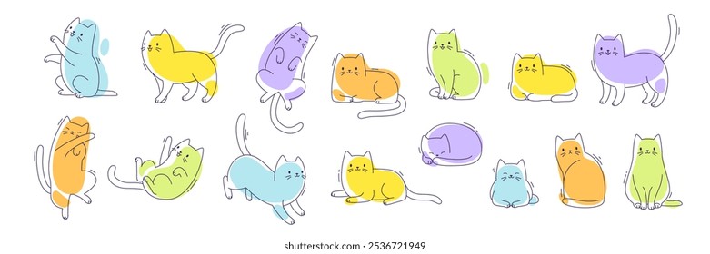 Conjunto de gatos lindos de esquema. Vector gatito plantea colección. Paquete de gatos de dibujo colorido.