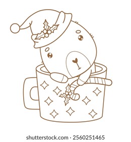 Outline Cute Christmas Capybara in Santa hat in cup with striped candy. New Year calm cartoon kawaii character. Line drawing, coloring book. Vector illustration. Kids collection