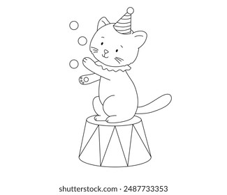 Outline cute circus cat with balls. Funny animal. Hand drawn isolated line illustration for coloring book