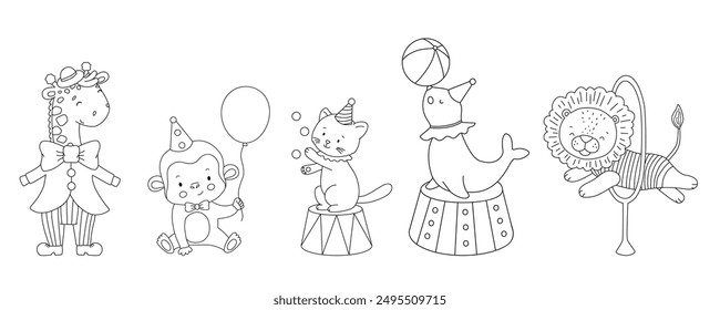Outline cute circus funny animals. Hand drawn isolated line illustration for coloring book