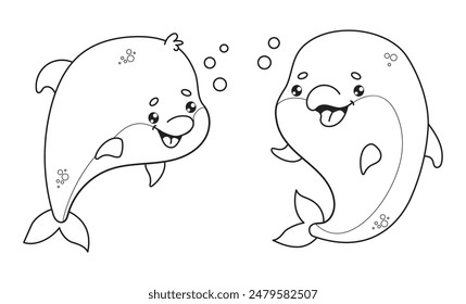 Outline cute couple dolphins. Happy cartoon kawaii animal. Line drawing, coloring book. Vector illustration. Kids collection