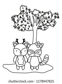 outline cute deer raccoon friends and tree