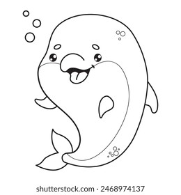 Outline cute dolphin. Happy cartoon kawaii animal. Line drawing, coloring book. Vector illustration. Underwater world. Kids collection