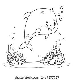 Outline cute dolphin. Underwater world with seaweed and happy cartoon kawaii animal. Line drawing, coloring book. Vector illustration. Kids collection