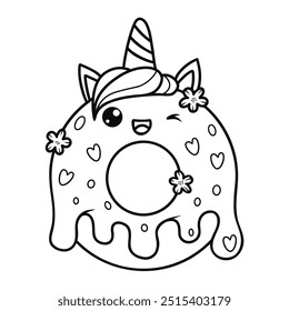 Umriss süßes Donut Einhorn mit tropfender Glasur. Lustiger süßer Cartoon-Kawaii-Charakter. Strichzeichnung, Malbuch. Vektorgrafik. Kinderkollektion