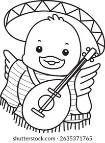 Outline of Cute Duck icon. Lineart of  Funny baby Duck animal series stock illustration. life of fluffy Duck designs.
outline of duck with Indiana costume