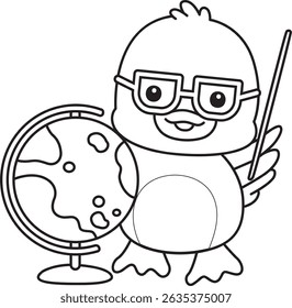 Outline of Cute Duck icon. Lineart of  Funny baby Duck animal series stock illustration. life of fluffy Duck designs.
outline of duck bring a globe
