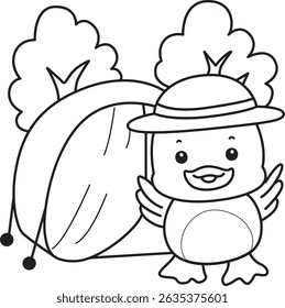 Outline of Cute Duck icon. Lineart of  Funny baby Duck animal series stock illustration. life of fluffy Duck designs.
outline of duck in the camp
