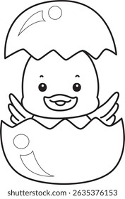 Outline of Cute Duck icon. Lineart of  Funny baby Duck animal series stock illustration. life of fluffy Duck designs.
outline of duck in the crack of egg
