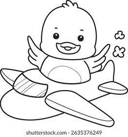 Outline of Cute Duck icon. Lineart of  Funny baby Duck animal series stock illustration. life of fluffy Duck designs.
outline of duck riding a plane

