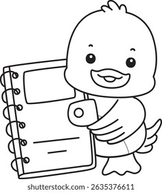 Outline of Cute Duck icon. Lineart of  Funny baby Duck animal series stock illustration. life of fluffy Duck designs.
outline of duck bring a book
