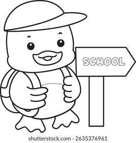 Outline of Cute Duck icon. Lineart of  Funny baby Duck animal series stock illustration. life of fluffy Duck designs.
outline of duck want to going to school
