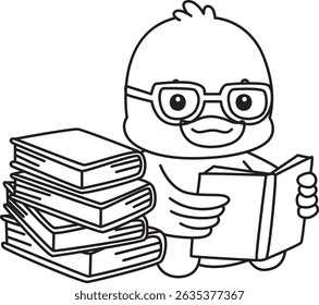 Outline of Cute Duck icon. Lineart of  Funny baby Duck animal series stock illustration. life of fluffy Duck designs.
outline of duck reading a book
