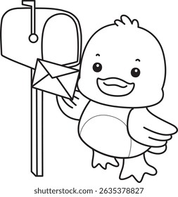 Outline of Cute Duck icon. Lineart of  Funny baby Duck animal series stock illustration. life of fluffy Duck designs.
outline of duck sending a message
