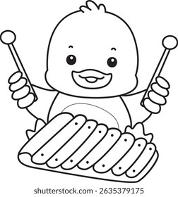 Contorno do ícone Pato Bonito. Lineart of Funny baby Duck série animal ilustração de estoque. vida de desenhos de Pato fofo.
contorno de pato jogando um xilofone
