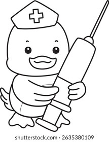Outline of Cute Duck icon. Lineart of  Funny baby Duck animal series stock illustration. life of fluffy Duck designs.
outline of duck bring a syringe
