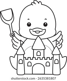 Outline of Cute Duck icon. Lineart of  Funny baby Duck animal series stock illustration. life of fluffy Duck designs.
outline of duck playing a sand castle
