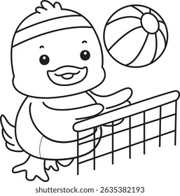 Outline of Cute Duck icon. Lineart of  Funny baby Duck animal series stock illustration. life of fluffy Duck designs.
outline of duck playing a volley ball

