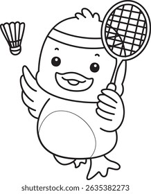 Outline of Cute Duck icon. Lineart of  Funny baby Duck animal series stock illustration. life of fluffy Duck designs.
outline of duck playing a badminton
