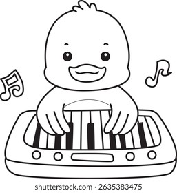 Outline of Cute Duck icon. Lineart of  Funny baby Duck animal series stock illustration. life of fluffy Duck designs.
outline of duck playing a piano
