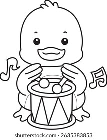 Outline of Cute Duck icon. Lineart of  Funny baby Duck animal series stock illustration. life of fluffy Duck designs.
outline of duck playing a drum in the carnival
