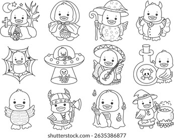 Outline of Cute Duck icon. Lineart of  Funny baby Duck animal series stock illustration. life of fluffy Duck designs.
outline of Halloween party by cute duck

