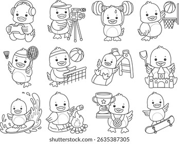 Outline of Cute Duck icon. Lineart of  Funny baby Duck animal series stock illustration. life of fluffy Duck designs.
outline of duck in the variation of sport and workout

