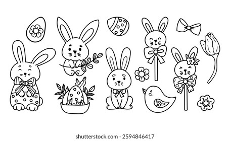 Outline Cute Easter Bunnies Doodle. Spring Holiday Paschal Collection. Isolated Vector Line Hand-drawn illustrations for festive decoration and design