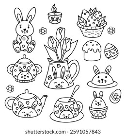 Outline Cute Easter spring bunny decoration linear drawing doodle. Isolated holiday tableware teapot, cups, sugar bowl, jug with bouquet tulips with rabbit decor, paschal eggs. Vector illustration