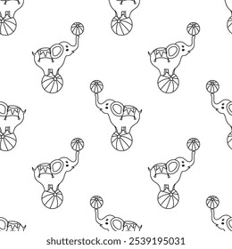 outline cute elephant with balls seamless pattern, circus vector childish illustration 