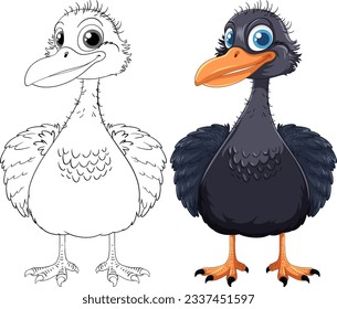Outline of a cute emu bird cartoon for colouring pages, isolated on white background