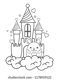 outline cute female mouse in the castle and clouds