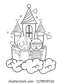 outline cute girls in the castle with clouds and hearts