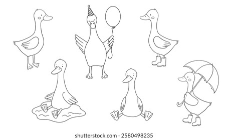 Outline cute goose characters set, sitting animal in puddle, water, line art, hand drawn illustration for coloring book or page