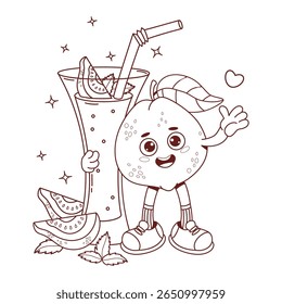 Outline Cute Guava Groovy Character with tropical Drink and Fruit slices, Mint leaves. Cool Funny personage with Refreshing Cocktail smoothie. Line drawing, coloring book. Vector illustration. Not AI