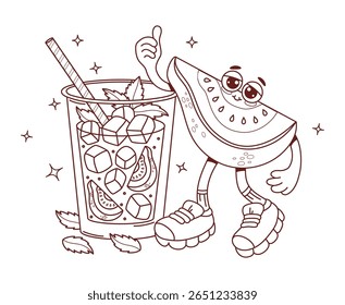 Outline Cute Guava Groovy Character, Drink smoothie with ice cubes and Mint leaves, tropical fruit slices. Funny cartoon retro personage with Summer Cocktail. Vector Line drawing coloring book. Not AI