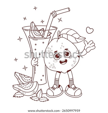Outline Cute Guava Groovy Character with tropical Drink and Fruit slices, Mint leaves. Cool Funny personage with Refreshing Cocktail smoothie. Line drawing, coloring book. Vector illustration. Not AI