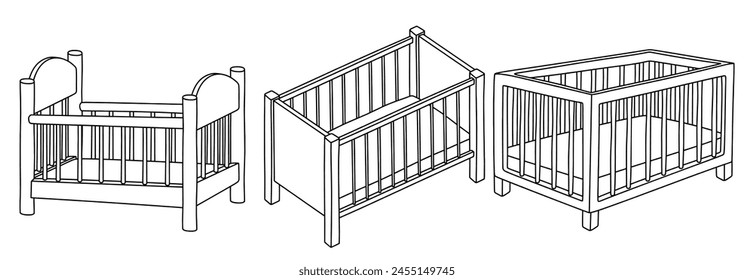  Outline cute hand drawn baby crib isolated on white background.