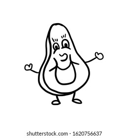 Outline of cute happy cartoon avocado character. Coloring book design. Vector Illustration.