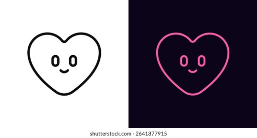 Outline cute heart icon, with editable stroke. Heart icon with smile and eyes, cute love emoji. Romantic baby heart emoticon, cartoon funny love, happy romance, amour smile. Vector icon