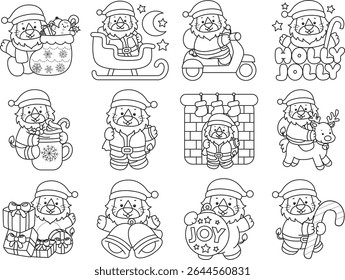 Outline of cute Lion icon. Coloring pages of funny baby Lion animal series. Outline of lion in the christmas costume