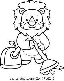 Outline of Cute Lion icon. Coloring pages of  Funny baby Lion animal series. outline of lion cleaning the floor with vacuum cleaner