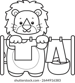 Outline of Cute Lion icon. Coloring pages of  Funny baby Lion animal series. outline of lion cleaning the clothes under the sun