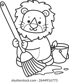 Outline of Cute Lion icon. Coloring pages of  Funny baby Lion animal series. outline of lion cleaning the floor with mop and bucket