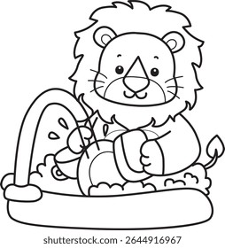 Outline of Cute Lion icon. Coloring pages of  Funny baby Lion animal series. outline of lion cleaning the plate in the sink