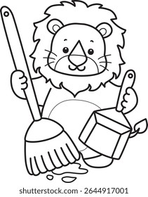 Outline of Cute Lion icon. Coloring pages of  Funny baby Lion animal series. outline of lion cleaning the floor with broom and duster