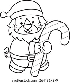 Outline of Cute Lion icon. Coloring pages of  Funny baby Lion animal series. outline of Santa lion bring a stick candy