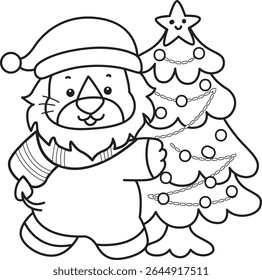 Outline of Cute Lion icon. Coloring pages of  Funny baby Lion animal series. outline of Santa lion bring a Christmas tree