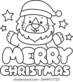 Outline of Cute Lion icon. Coloring pages of  Funny baby Lion animal series. outline of Santa lion with Merry Christmas text