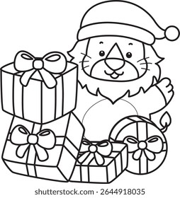 Outline of Cute Lion icon. Coloring pages of  Funny baby Lion animal series. outline of Santa lion bring a lot of gifts